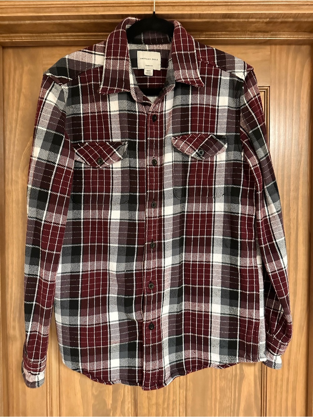 American Eagle Outfitters Men’s Red and Black Plaid Button-Down Shirt